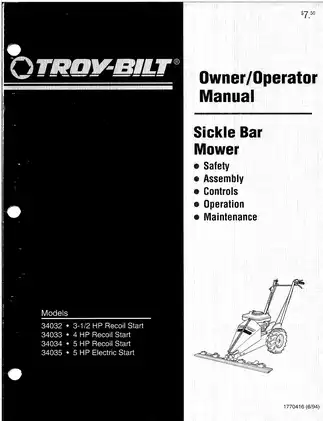 Troy-Bilt Sicklebar 34032, 34033, 34034, 34035 walk behind mower operators owners parts manual Preview image 2