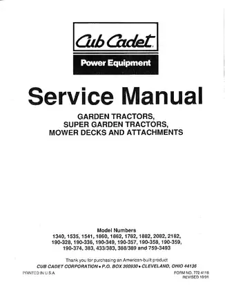 Cub Cadet 1340, 1535, 1541, 1860, 1862, 1782, 1882, 2082, 2182 Garden Tractor & Super Garden Tractor service manual Preview image 2