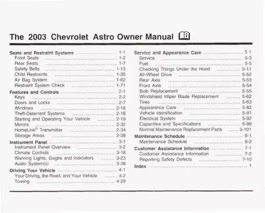 2003 Chevrolet Astro Van owners manual Preview image 2