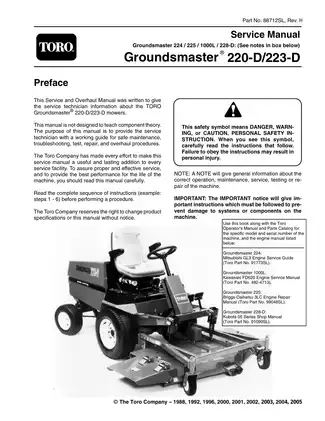Toro Groundsmaster 220D, 223D, GM224, GM225, GM228D, GM1000 Plus Cutting Units Decks and engine service manual Preview image 2