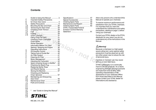 Stihl 290 310 390 chainsaw service manual Preview image 1