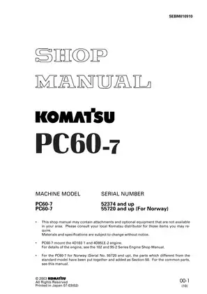 Komatsu PC60-7 hydraulic excavator shop manual Preview image 1