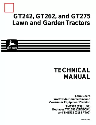 John Deere GT242, GT262, GT275 garden tractor technical manual Preview image 1