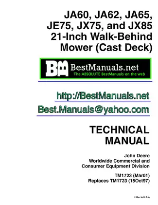 John Deere JA60, JA62, JA65, JE75, JX75 JX85 21-inch Walk-Behind Mower service technical manual -  Preview image 1