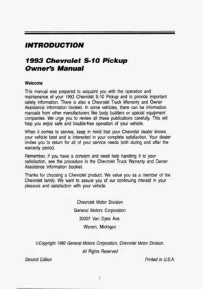 1993 Chevrolet S-10/S10 owners manual Preview image 3