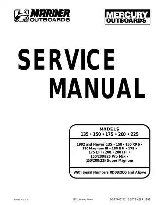 1992-1998 Mercury Mariner 135hp, 150hp, 175hp, 200hp, 225hp, XR6,  Magnum III, Pro Max, Super Magnum outboard motor service manual Preview image 1