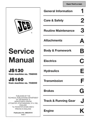 JCB JS130, JS160 tracked excavator service manual Preview image 1