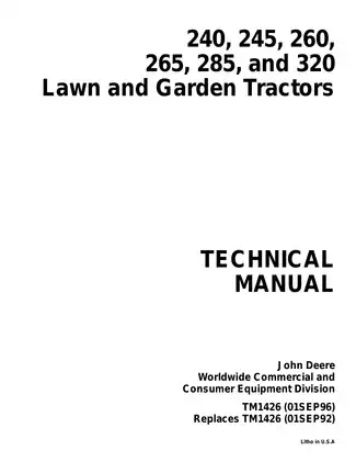 John Deere 240, 245, 260, 265, 285, 320 lawn and garden tractor technical manual Preview image 1