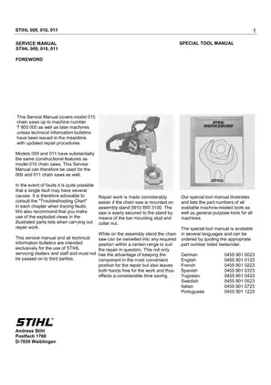 Stihl 009, 010, 011 chainsaw service manual Preview image 1