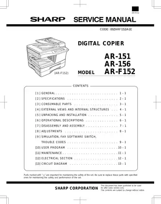 Sharp AR 151, AR 156, AR F152 printer/copier service guide Preview image 2