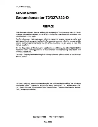 Toro Groundsmaster 72/327/322-D mower manual Preview image 1