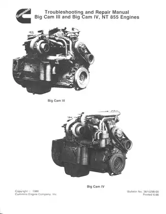 Cummins NT 855 engine Big Cam III & IV troubleshooting and repair manual Preview image 1
