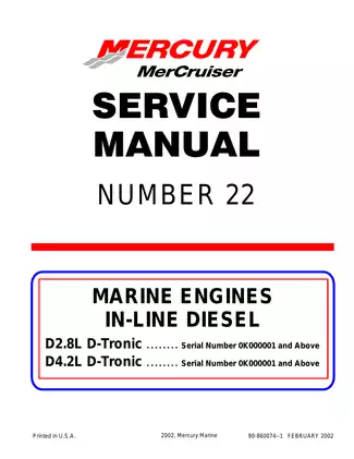 Mercury Mercruiser Number 22, IN-LINE Diesel D2.8L D-Tronic, D4.2L D-Tronic Marine engine service manual Preview image 1