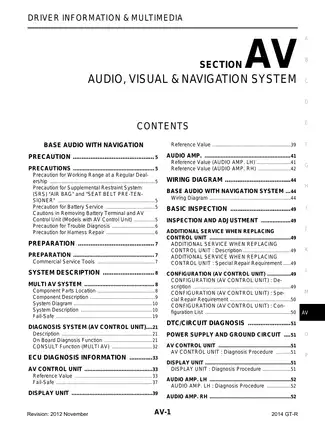 2013 Nissan GTR Audio, Visual & Navigation System manual