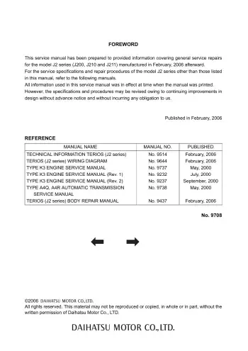 2006–2014 Daihatsu Terios II J200, J210, J211 Service Manual (P/N 9708)