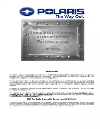 Polaris 2007 Two Stroke Snowmobile Service Manual PN 9920463