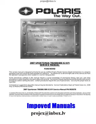 2007 Polaris Sportsman X2 Quadricycle, Sportsman X2 800 EFI, Sportsman 800 EFI, Sportsman 700 EFI repair manual Preview image 1