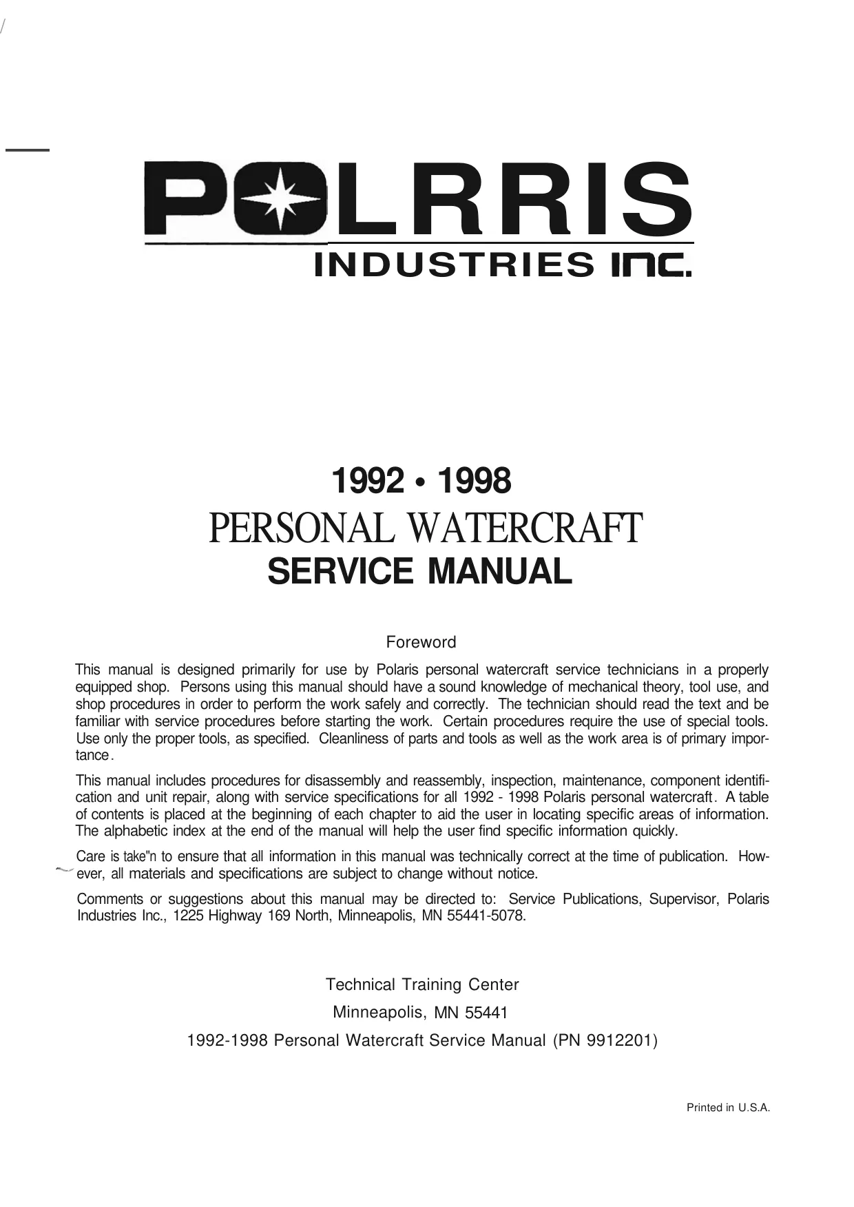 1991-1998 Polaris SLX Pro Personal Watercraft service manual