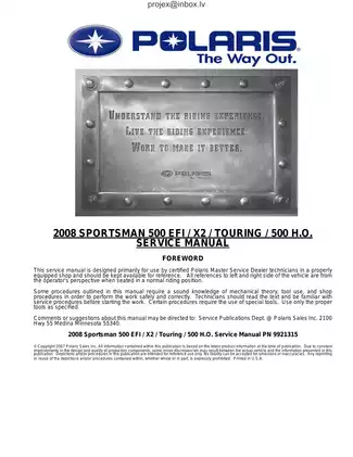 2008 Polaris Sportsman 500 EFI Service Manual - Comprehensive Guide for Professional Technicians