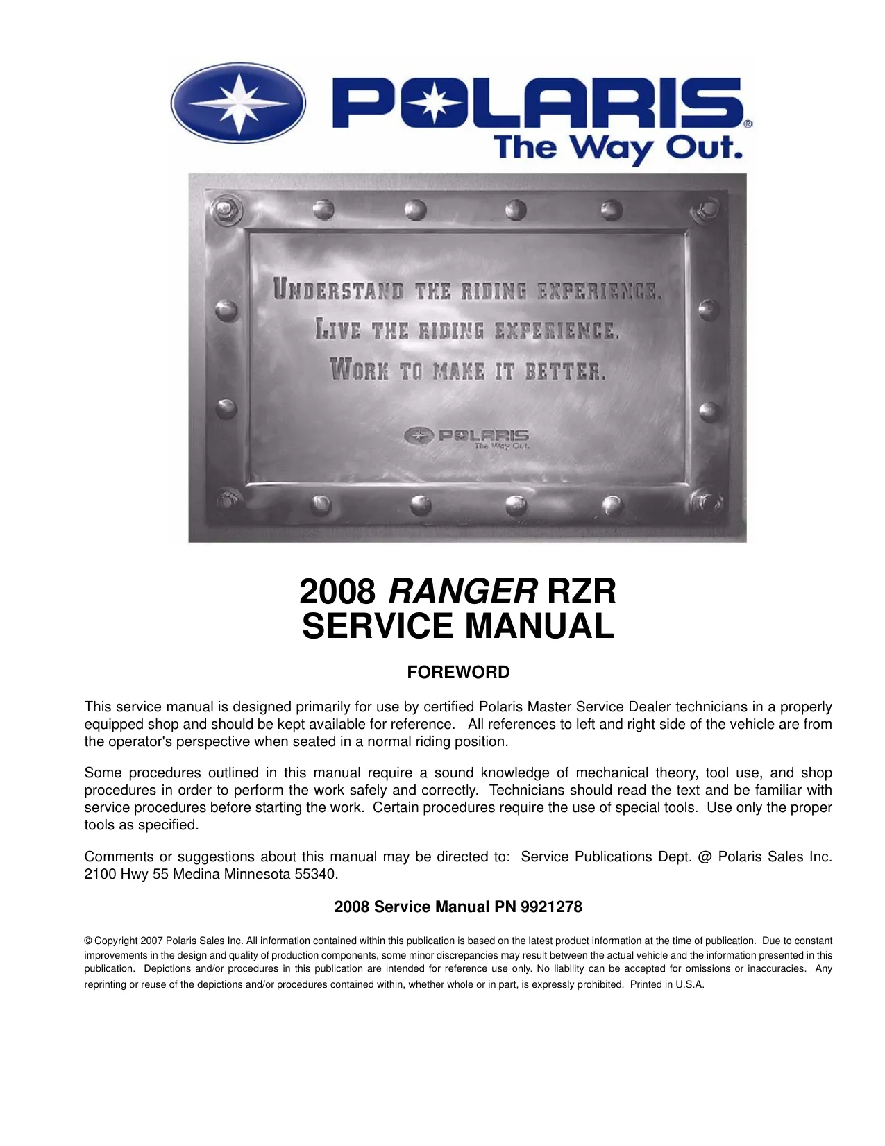 2008 Polaris Ranger RZR ATV repair manual