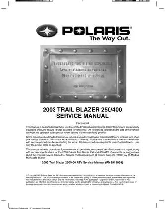 2002-2003 Polaris Trail Blazer 250, Trail Blazer 400 ATV service manual Preview image 2