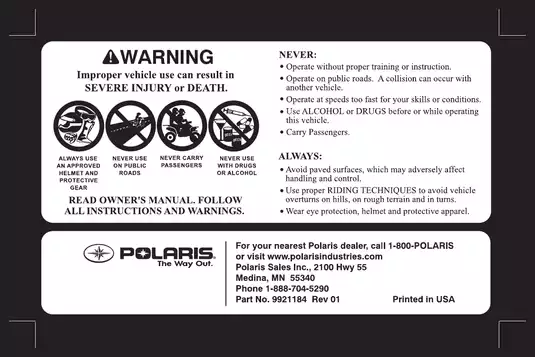 Polaris Outlaw 450 S/525 S ATV Owner's Manual & Service Guide Preview image 2
