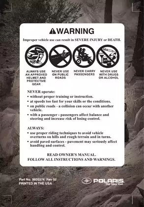 2007 Polaris Sportsman 700/800 EFI Owner's Manual - Comprehensive Guide Preview image 2