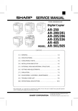 Sharp AR250, AR280, AR281, AR285, AR286, AR335, AR336, AR405, AR501, AR505 copier manual Preview image 1