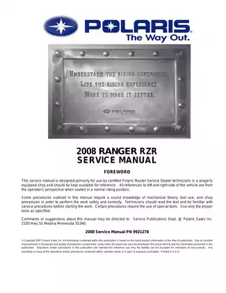 2008 Polaris Ranger RZR 800 UTV service manual Preview image 1
