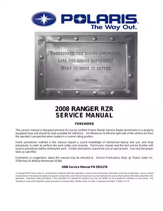 Polaris RZR 2008 Ranger Service Manual - Comprehensive Repair and Maintenance Guide Preview image 1