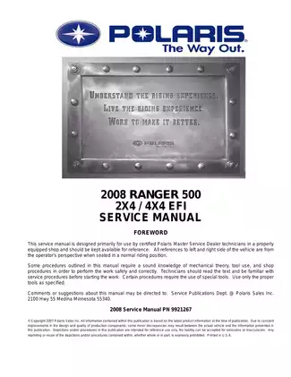 2008 Polaris Ranger 500 2X4, 4X4, EFI ATV service manual Preview image 1