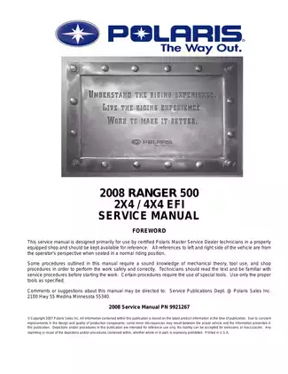 Polaris 2008 Ranger 500 2x4 / 4x4 EFI Service Manual