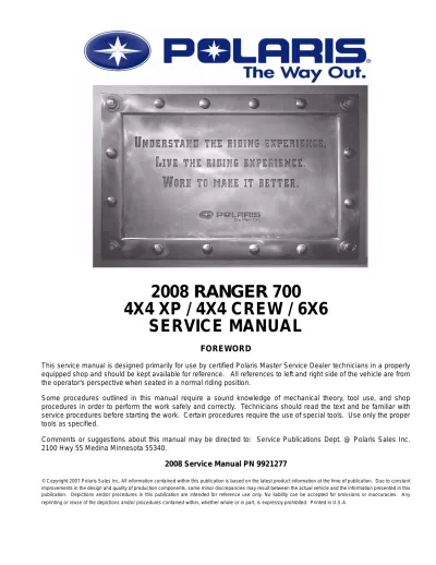 2008 Polaris Ranger 700, Ranger 4X4 XP, Ranger 4X4 Crew, Ranger 6X6 Service Manual (P/N 9921277)