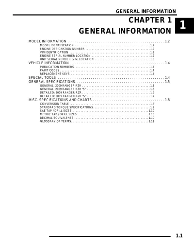 2009 Polaris Ranger RZR and RZR S Service Manual (P/N 9921878, 9921879, and 9922130)