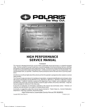 2003 Polaris Pro X 440, Polaris Pro X 600, Polaris Pro X 700, Pro X 800 snowmobile repair manual Preview image 2
