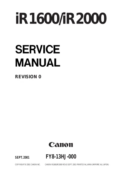 2002–2009 Canon iR1600/iR2000 Copier Service Manual (P/N FY8-13HJ-000)