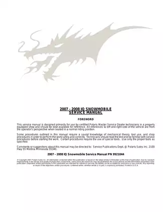 2007-2008 Polaris IQ Snowmobile Service Manual