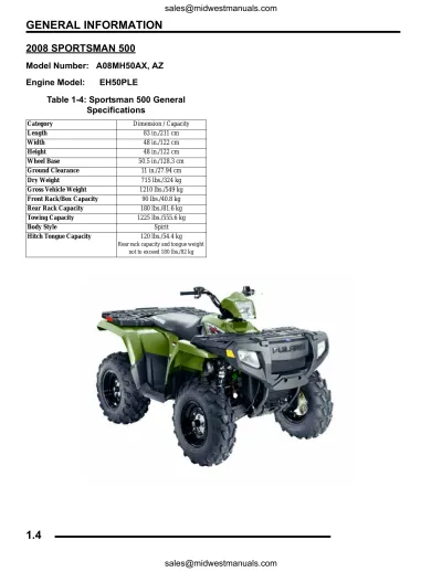 Polaris Sportsman 500 EFI 2008 Service & Repair Manual (P/N 9921161, 9921477)