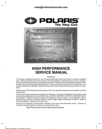 2002-2003 Polaris Pro X, 440 Pro-X Fan, 440 Pro-X, 600 Pro-X, 700 Pro-X, 800 Pro-X snowmobile repair manual Preview image 2