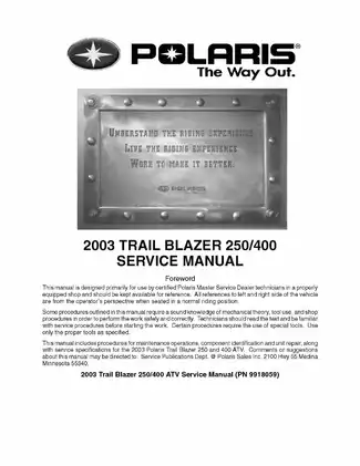 Comprehensive Service Manual for 2003 Polaris Trail Blazer 250/400 ATVs Preview image 2
