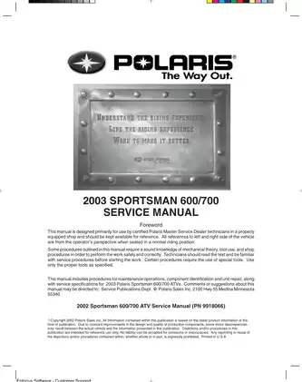 2002-2003 Polaris Sportsman 600, Sportsman 700 ATV service manual Preview image 3