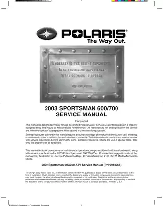 Polaris Sportsman 600/700 ATV Service Manual (2002-2003) Preview image 3