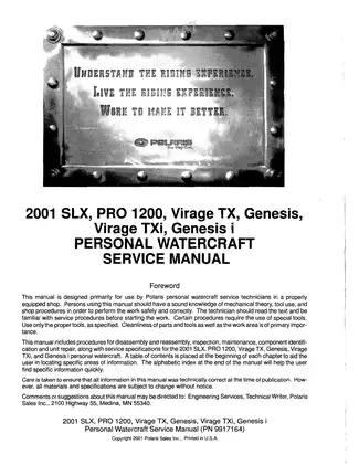 2001-2005 Polaris SLX, Pro 1200, Virage TX, Genesis, Virage TXi, Genesis i servcie manual Preview image 2