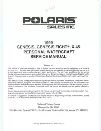 1999 Polaris Genesis FICHT® and X-45 Personal Watercraft Service Manual Preview image 2