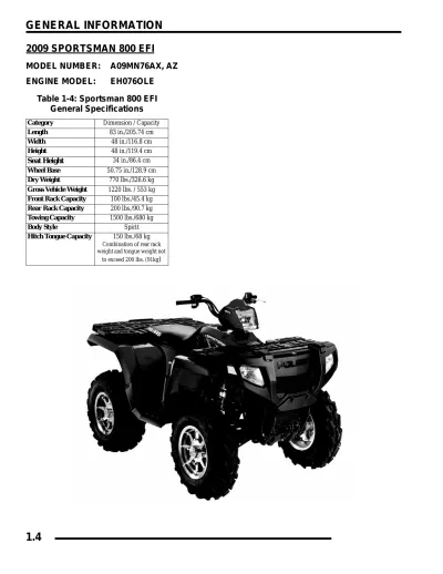 2009 Polaris Sportsman 800 EFI Factory Service & Repair Manual (P/N 9921833)