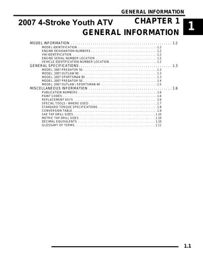 Polaris Predator 50, Outlaw 90, Sportsman 90 ATV 2007 Service Manual (P/N 9920872)