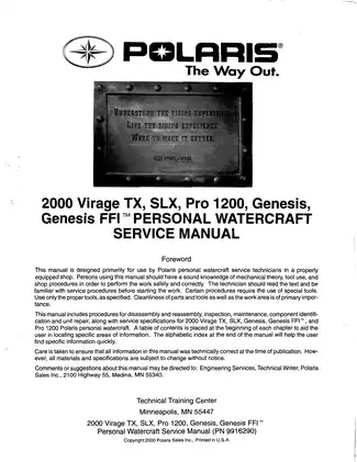 2000-2004 Polaris Virage TX, SLX,Pro 1200,Genesis,Genesis FFI service manual Preview image 2