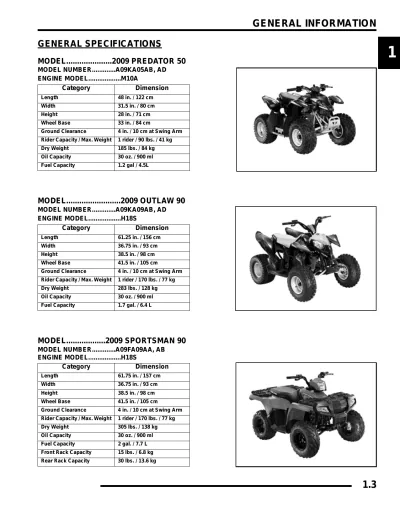 Polaris Predator 50, Outlaw 90 & Sportsman 90 ATV 2009 OEM Service Manual (P/N 9921800)