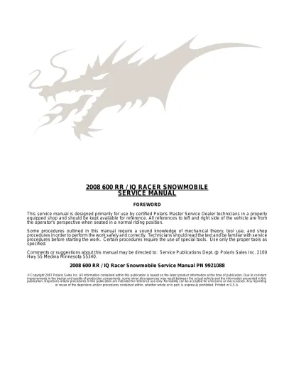 Polaris 600 RR / IQ Racer Snowmobile 2008 Service Manual (P/N 9921088)