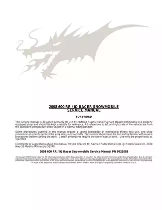 2008 Polaris 600 RR / IQ Racer Snowmobile Service Manual